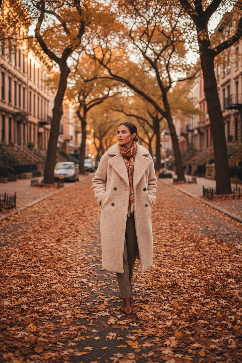 Woman wearing a fleece double-breasted longline coat on an autumn street with golden light and fallen leaves